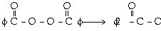 Chemical reaction depicting the decomposition of a benzoyl peroxide molecule. The structure on the left consists of two benzoyl groups (ϕ-C=O) connected by a peroxide (-O-O-) bond. The reaction produces two benzoyloxy (ϕ-C=O-O•) radicals, indicated by a dot next to the oxygen atom on the right side of the equation.