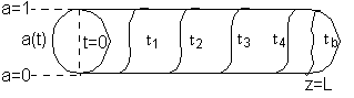 Diagram of a tubular reactor segmented by time intervals t₁ to t₅ from inlet to outlet. The inlet at t=0 shows catalyst activity a(t) starting at 1 (top) and decreasing toward 0 (bottom). Each segment represents a different catalyst age. The reactor ends at z = L.