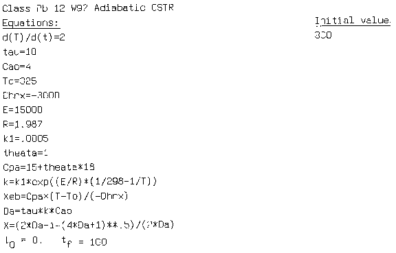Equations and parameters for simulating an adiabatic CSTR, including rate, temperature, conversion, and Damköhler number expressions.