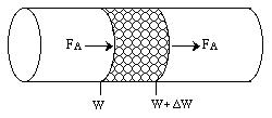 Diagram of a cylindrical packed bed reactor showing species A entering at catalyst weight W and exiting at W + ΔW. The shaded central region represents a differential reactor volume, and arrows labeled FA indicate molar flow rates of species A at both ends.