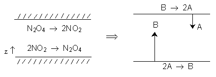 Diagram on the left shows reversible reaction: N₂O₄ ⇌ 2NO₂ with forward reaction N₂O₄ → 2NO₂ at the top and reverse reaction 2NO₂ → N₂O₄ at the bottom, with z-axis pointing upward. On the right, schematic representation shows B converting to 2A at the top surface, and 2A converting to B at the bottom surface. Vertical arrows show upward flux of B and downward flux of A.