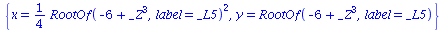 {x = `+`(`*`(`/`(1, 4), `*`(`^`(RootOf(`+`(`-`(6), `*`(`^`(_Z, 3))), label = _L5), 2)))), y = RootOf(`+`(`-`(6), `*`(`^`(_Z, 3))), label = _L5)}