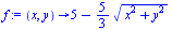 proc (x, y) options operator, arrow; `+`(5, `-`(`*`(`/`(5, 3), `*`(sqrt(`+`(`*`(`^`(x, 2)), `*`(`^`(y, 2)))))))) end proc