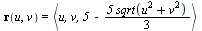 r(u, v) = `<,>`(u, v, `+`(5, `-`(`*`(`+`(`*`(5, `*`(sqrt(`+`(`*`(`^`(u, 2)), `*`(`^`(v, 2))))))), `/`(1, 3)))))