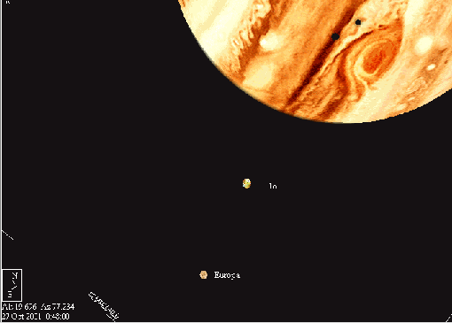Jupiter with two of its moons, Io and Europa