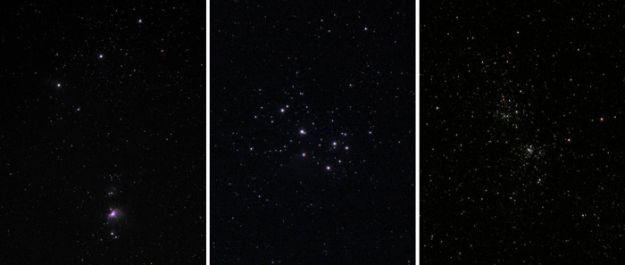 Orion’s belt and sword, the Pleiades, the Double Cluster.