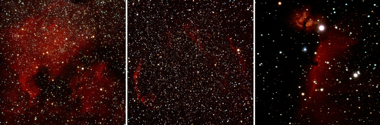 North America and Pelican nebulae, Veil Nebula complex, Horsehead and Flame nebulae