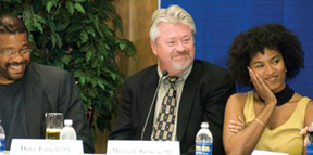 Tickled—Ben Davis ’92, David Farrell ’93 and Michelle Genese ’02 appreciate a co-panelist. Tickled—Ben Davis ’92, David Farrell ’93 and Michelle Genese ’02 appreciate a co-panelist.