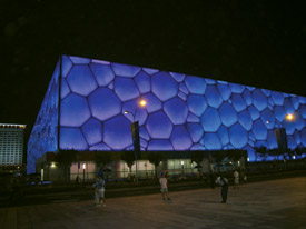 The Water Cube glows at night during the 2008 Summer Olympics. The Water Cube glows at night during the 2008 Summer Olympics.