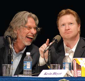 Bob Mankoff laughs while Kevin Bleyer ponders a question.