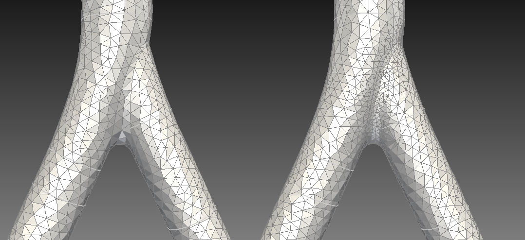 Mesh without (left) and with (right) curvature refinement. Note
the greater number of elements around the regions of high
curvature.